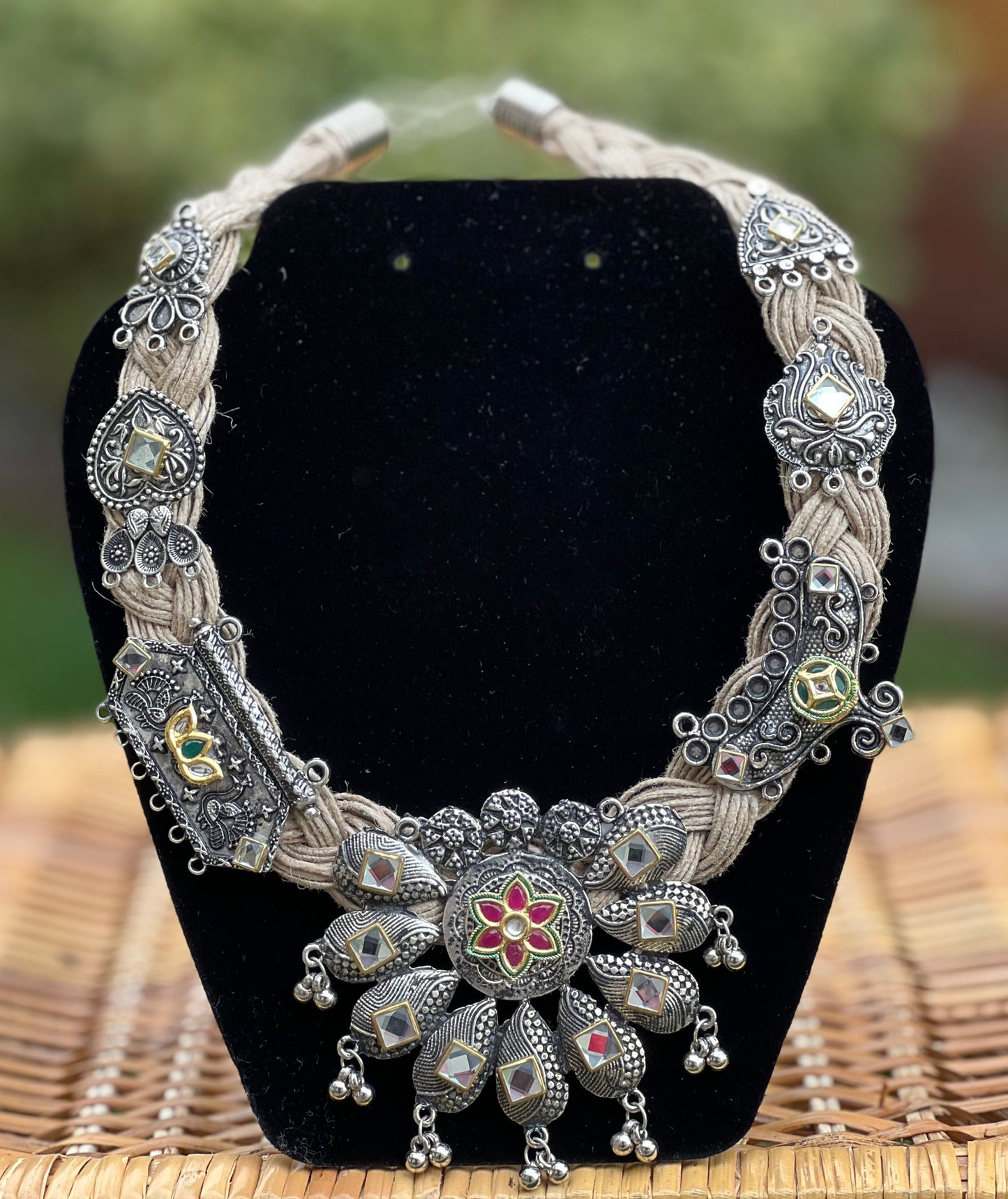 Knotted Jute Necklace - Oxidized Silver