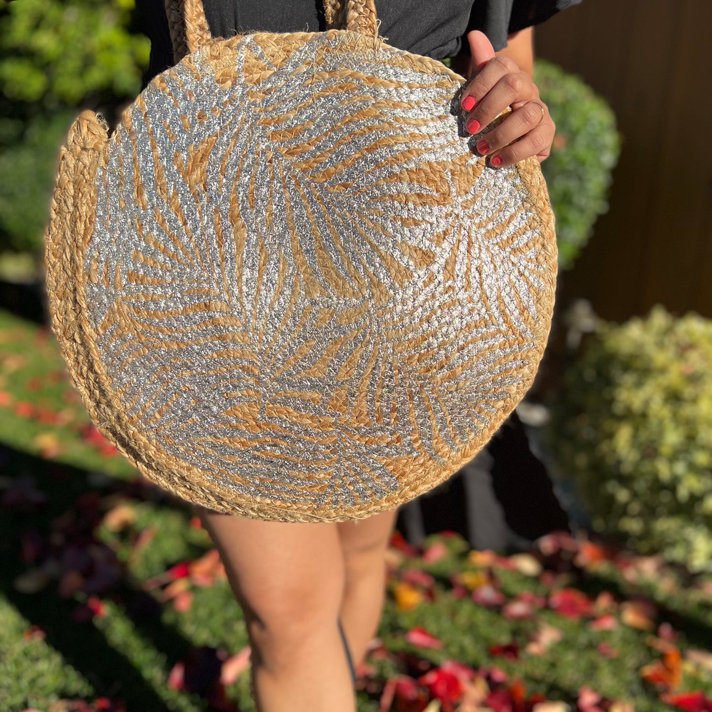 Silver Leaf Motif Jute Tote Bag
