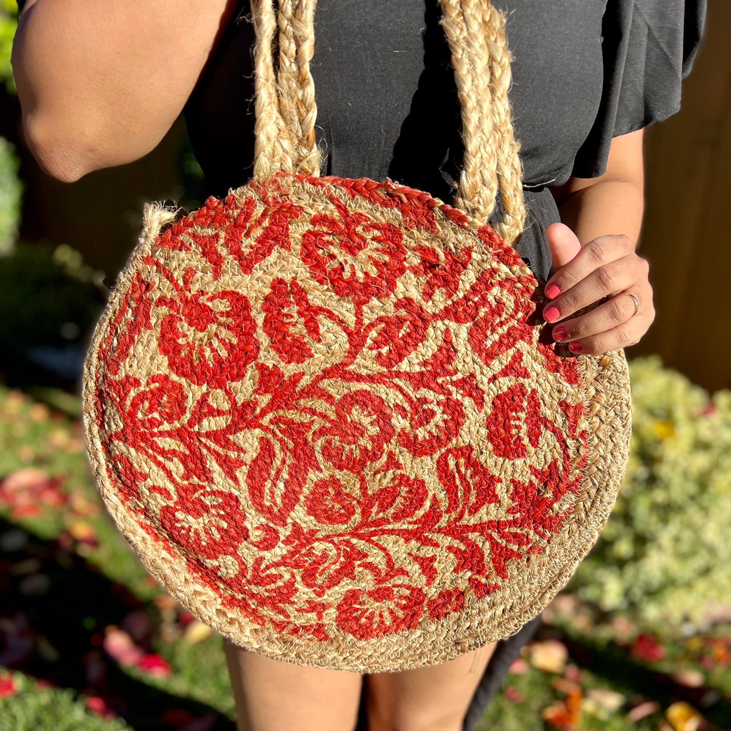 Red Floral Motif Tote Bag