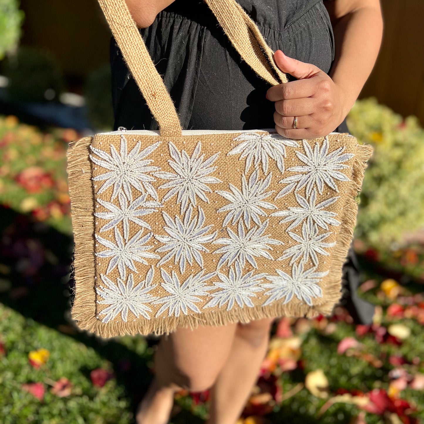White bead floral Tote Bag
